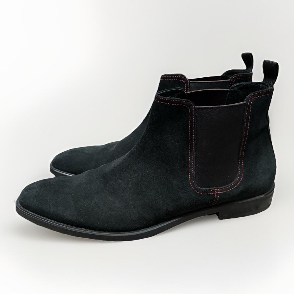 Donald J Pliner Mens 13 Black Suede Chelsea Boot Classic Italy Red Contrast